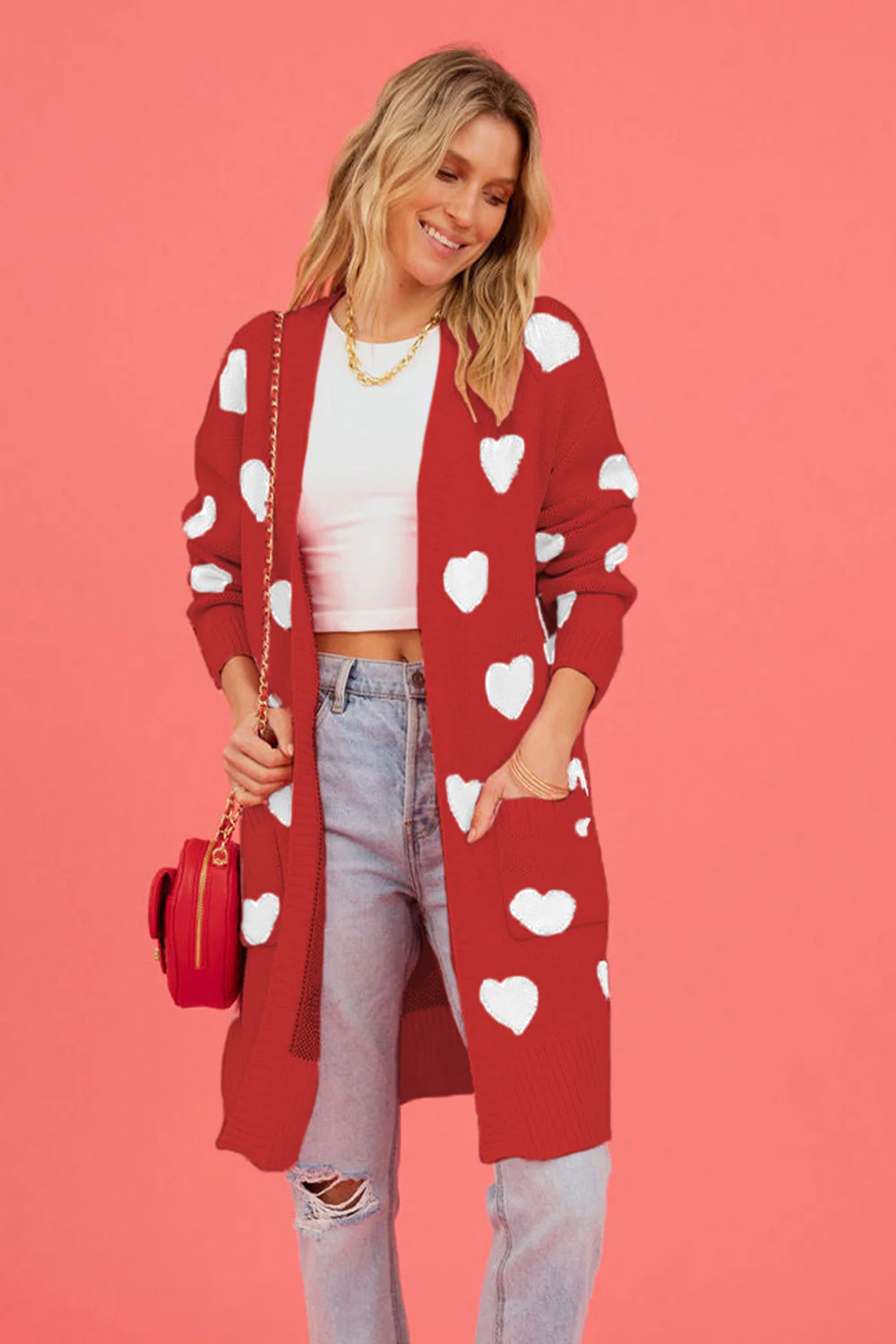Heart Graphic Open Front Cardigan with Pockets - Image 6