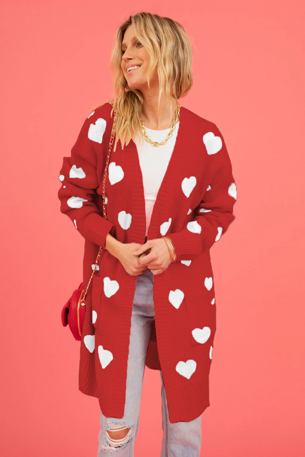 Heart Graphic Open Front Cardigan with Pockets - Image 7