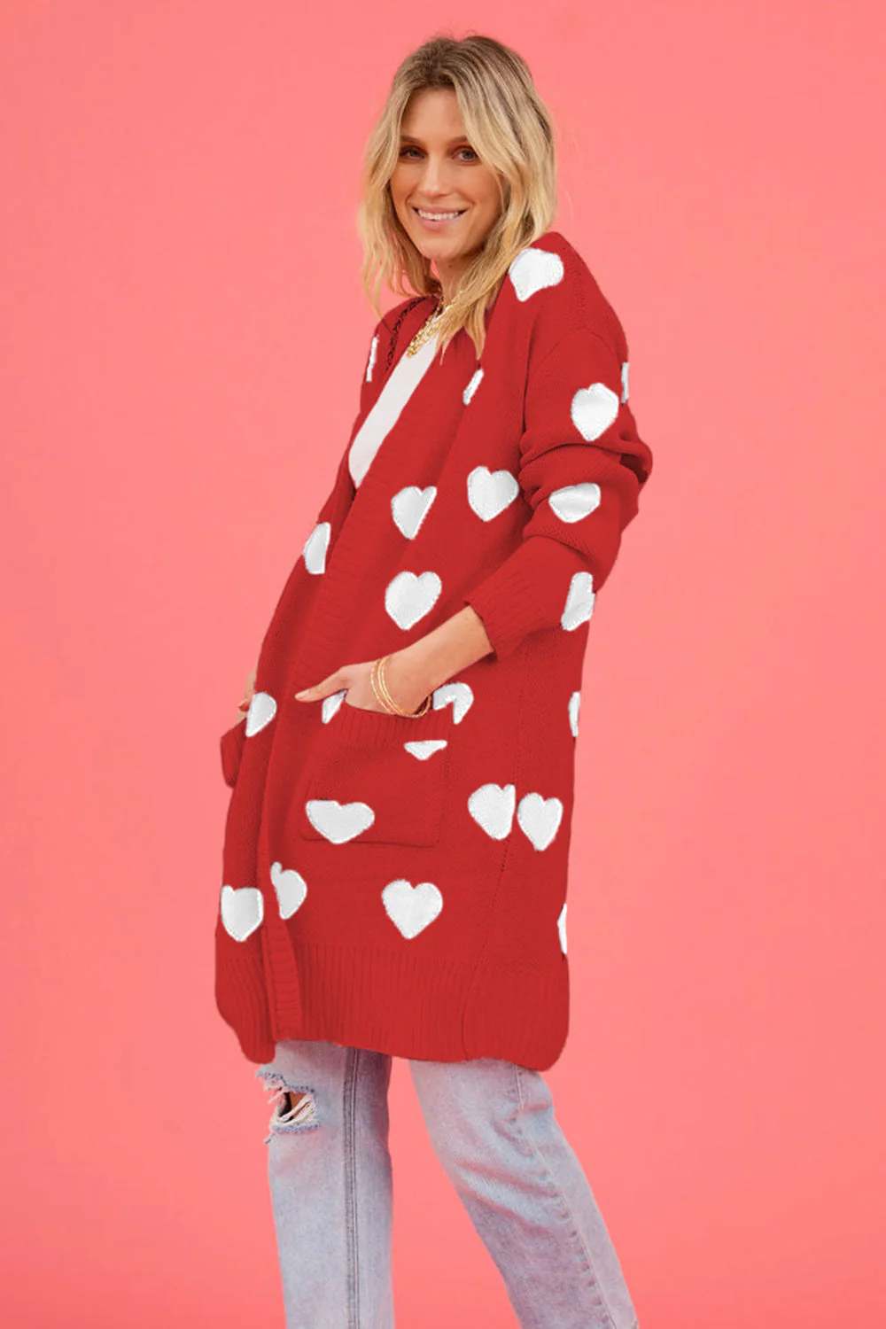 Heart Graphic Open Front Cardigan with Pockets - Image 8