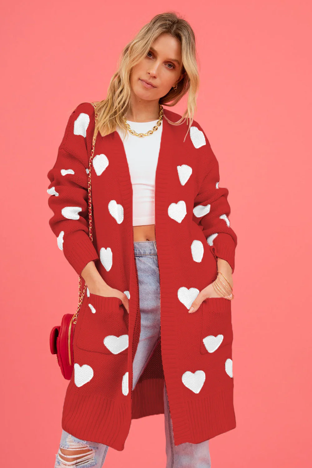 Heart Graphic Open Front Cardigan with Pockets - Image 9