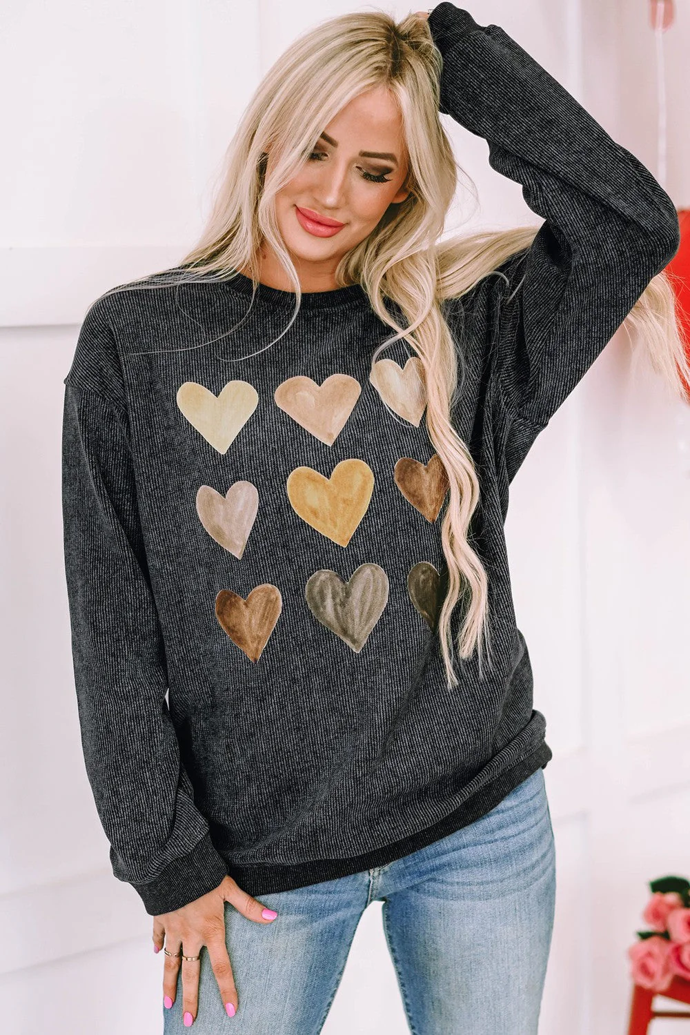 Heart Round Neck Dropped Shoulder Sweatshirt - Image 3