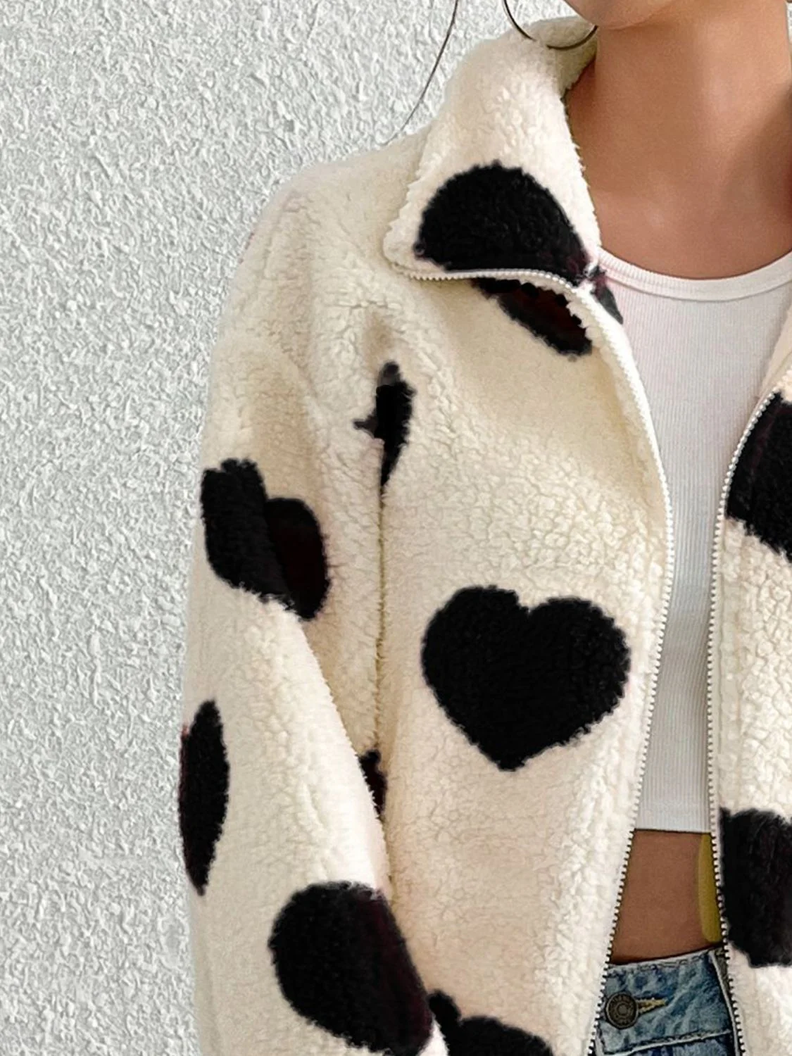 Heart Zip Up Drop Shoulder Furry Jacket - Image 10