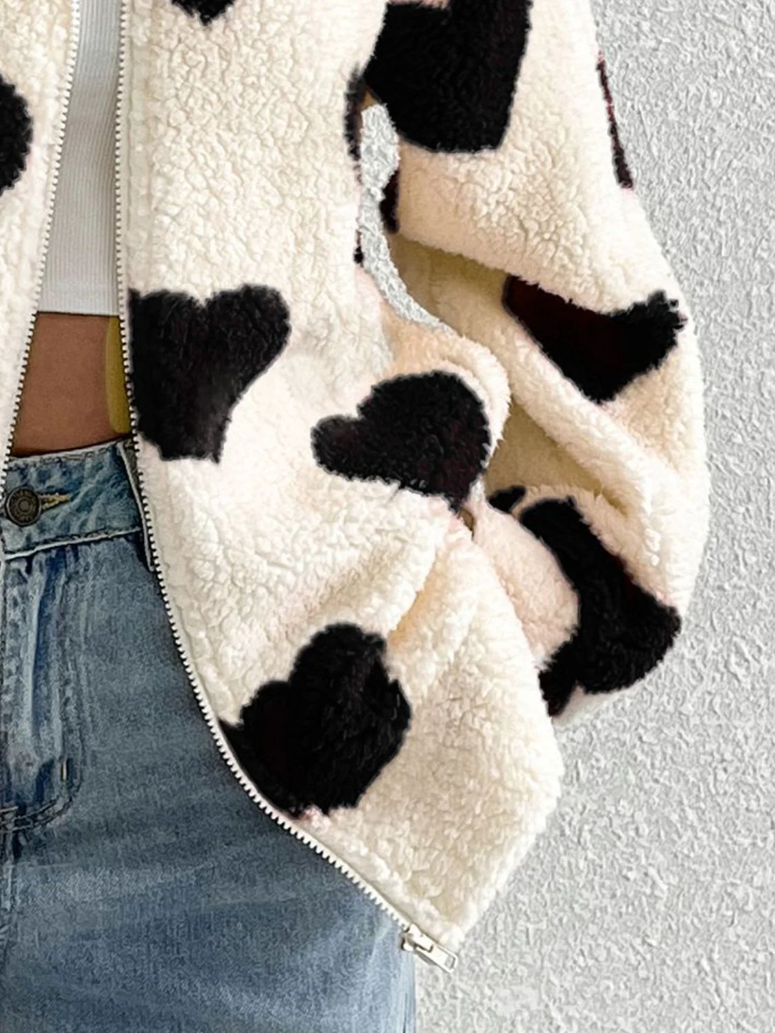 Heart Zip Up Drop Shoulder Furry Jacket - Image 11