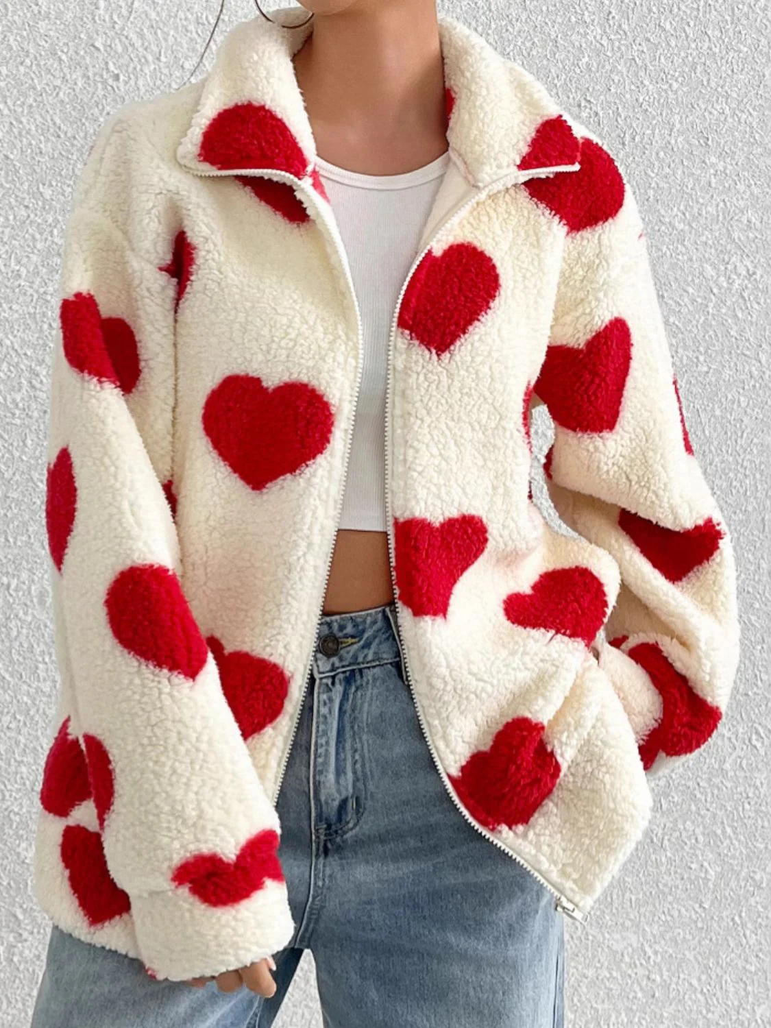 Heart Zip Up Drop Shoulder Furry Jacket - Image 2