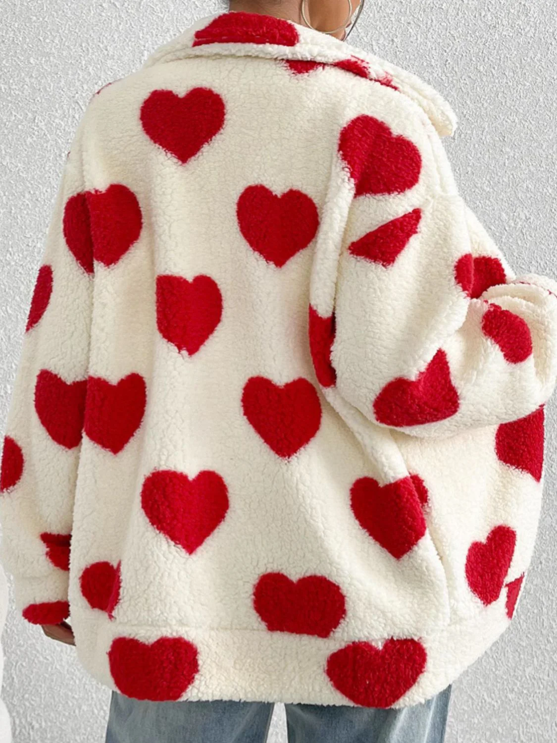 Heart Zip Up Drop Shoulder Furry Jacket - Image 3