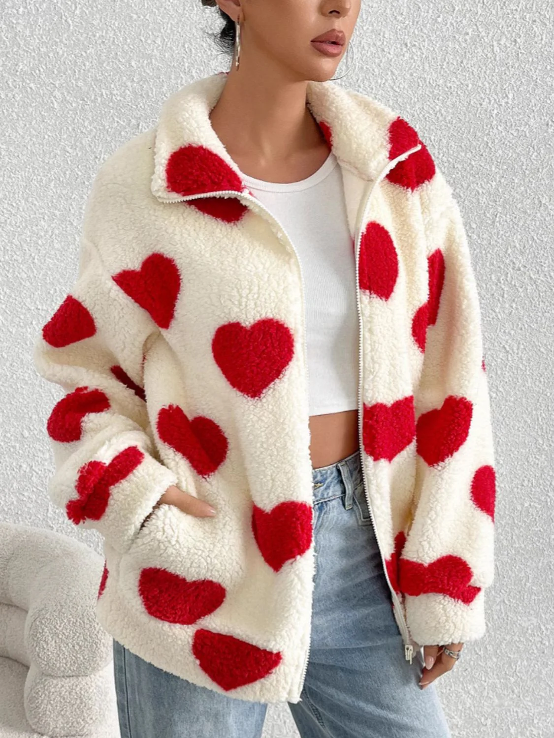 Heart Zip Up Drop Shoulder Furry Jacket - Image 4