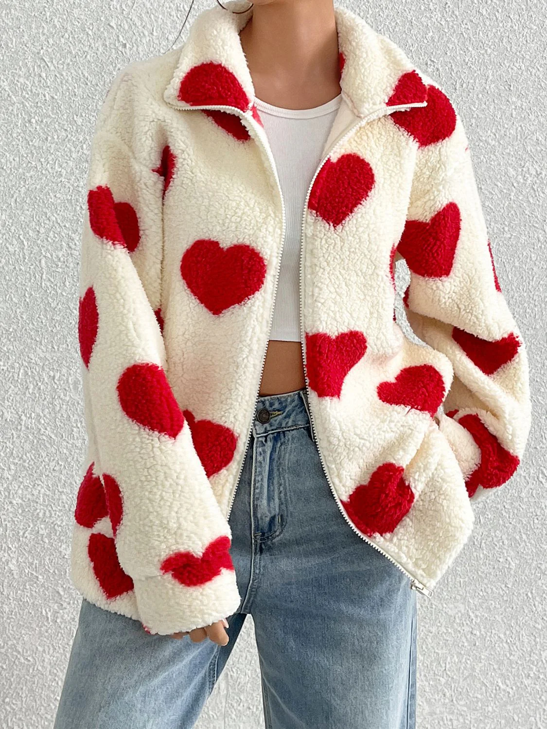 Heart Zip Up Drop Shoulder Furry Jacket - Image 5