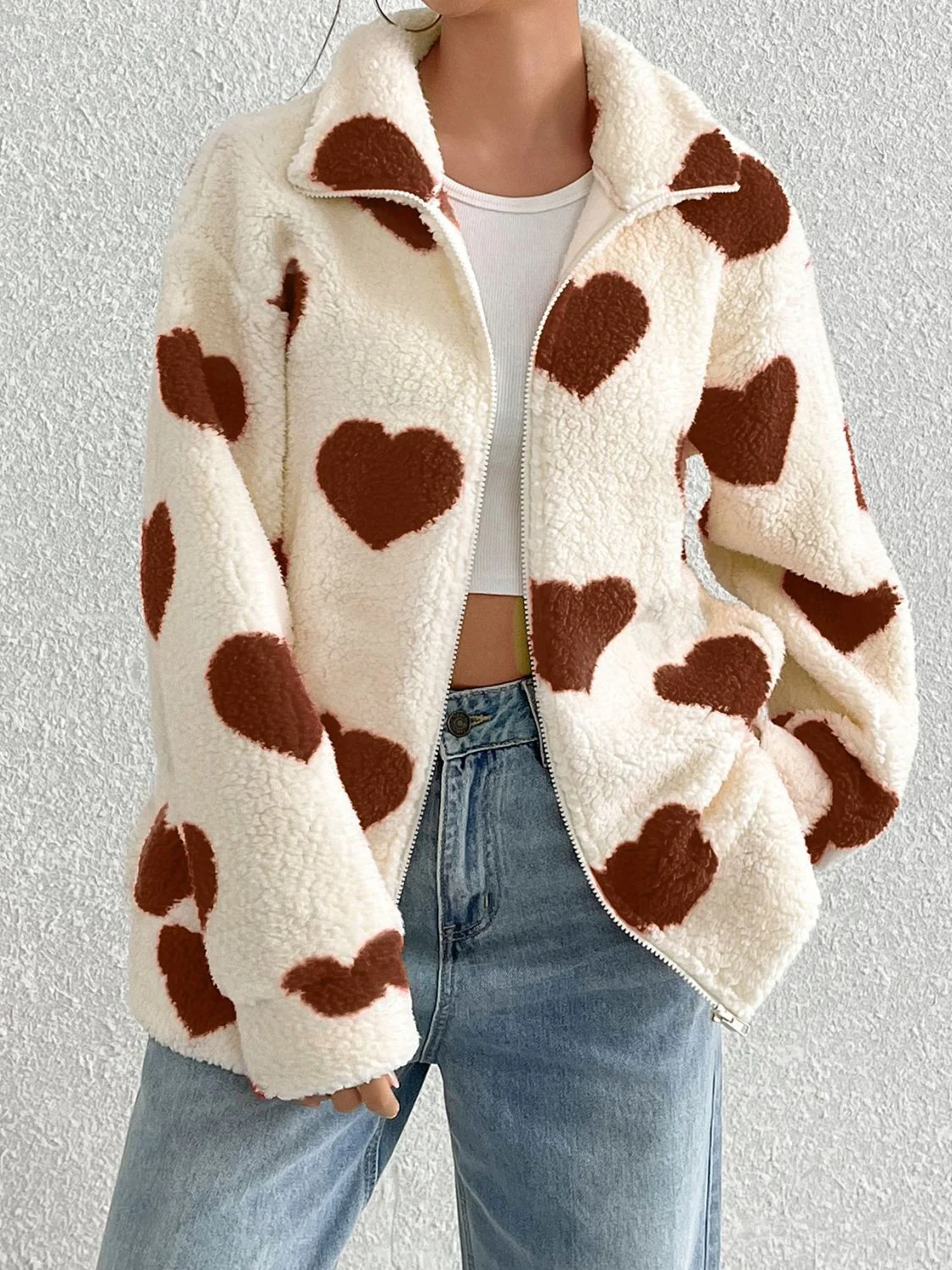 Heart Zip Up Drop Shoulder Furry Jacket - Image 6