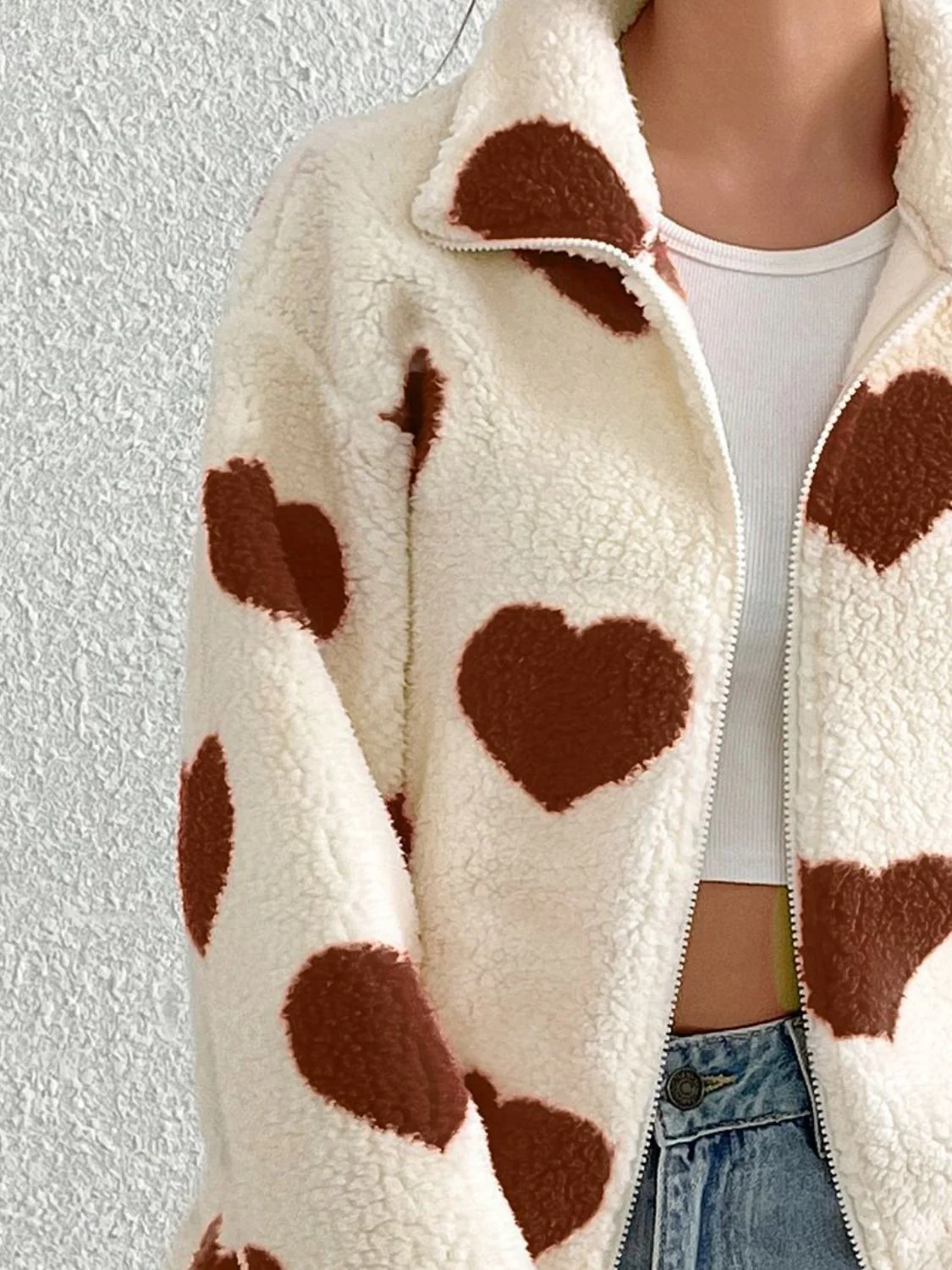 Heart Zip Up Drop Shoulder Furry Jacket - Image 7