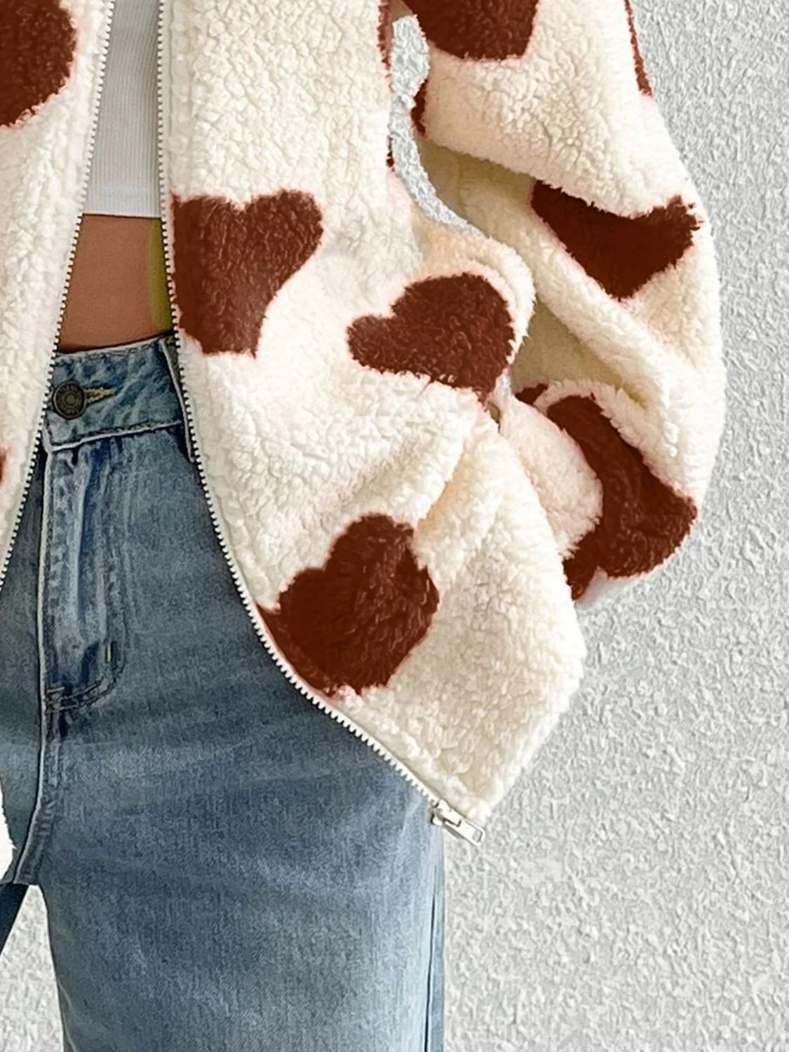 Heart Zip Up Drop Shoulder Furry Jacket - Image 8