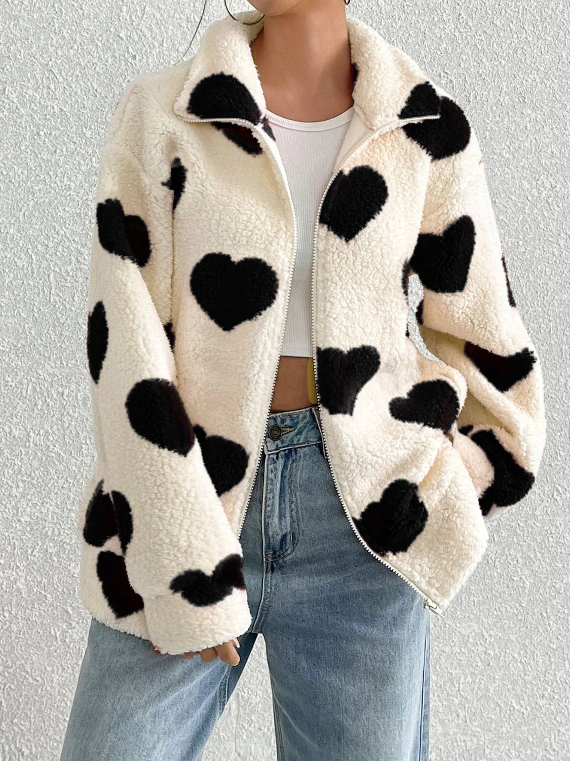 Heart Zip Up Drop Shoulder Furry Jacket - Image 9