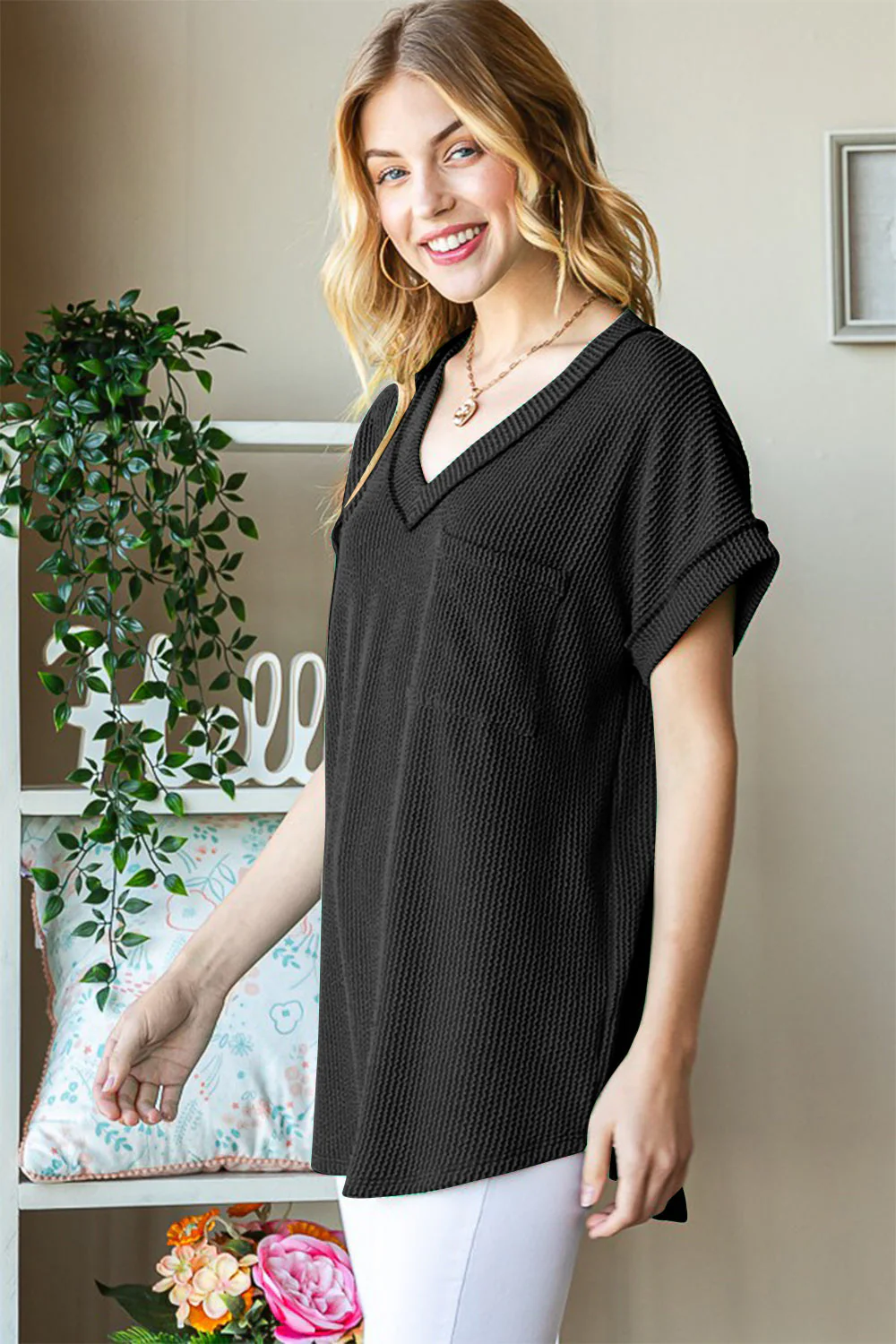 Heimish Full Size Front Pocket Short Sleeve Ribbed Top - Image 3