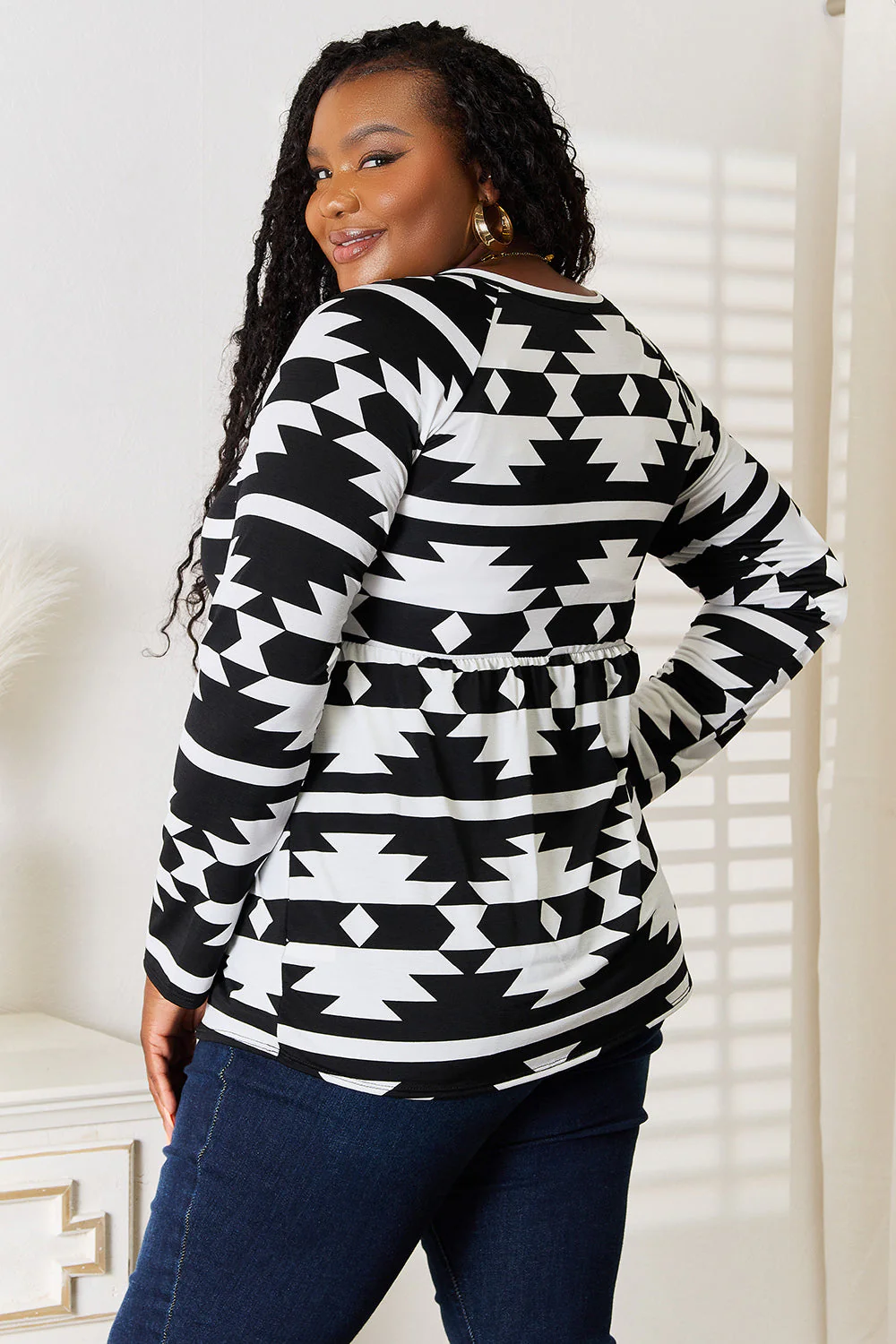 Heimish Full Size Geometric Notched Neck Long Sleeve Top - Image 7