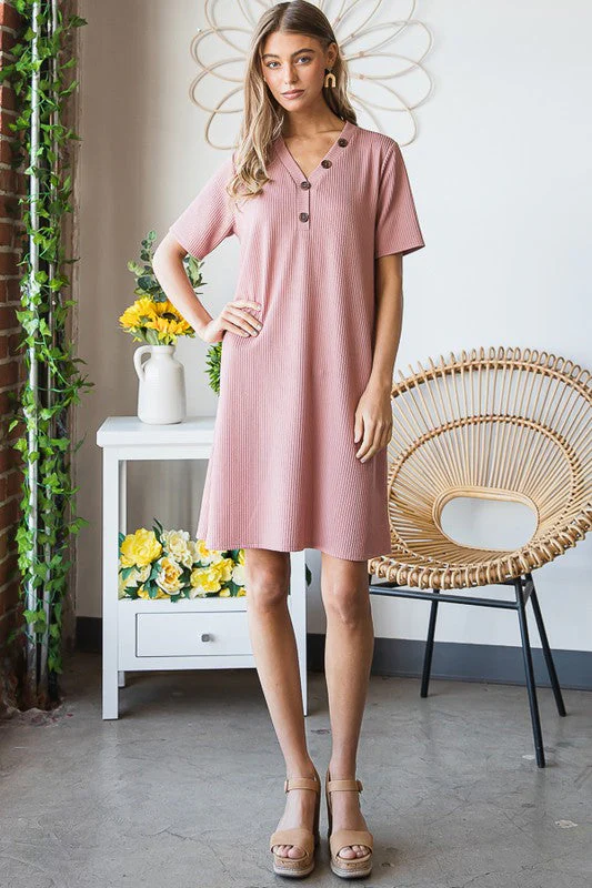 Heimish Full Size Solid Ribbed Mini Dress with Button Plus Size - Image 13