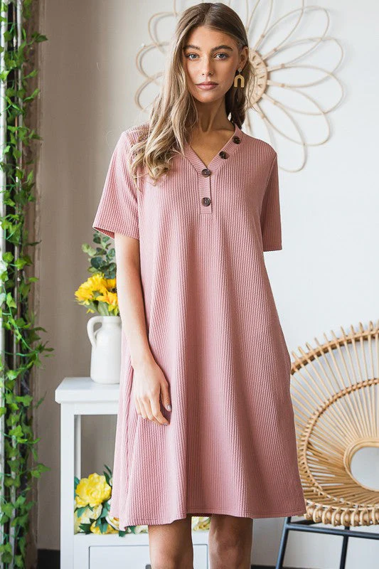 Heimish Full Size Solid Ribbed Mini Dress with Button Plus Size - Image 3