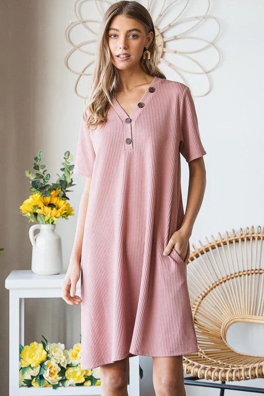 Heimish Full Size Solid Ribbed Mini Dress with Button Plus Size - Image 4