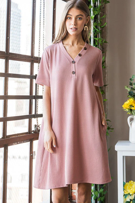 Heimish Full Size Solid Ribbed Mini Dress with Button Plus Size - Image 5