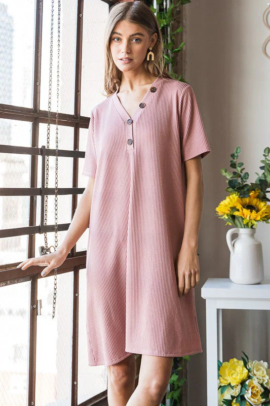 Heimish Full Size Solid Ribbed Mini Dress with Button Plus Size - Image 6