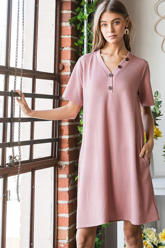 Heimish Full Size Solid Ribbed Mini Dress with Button Plus Size - Image 7