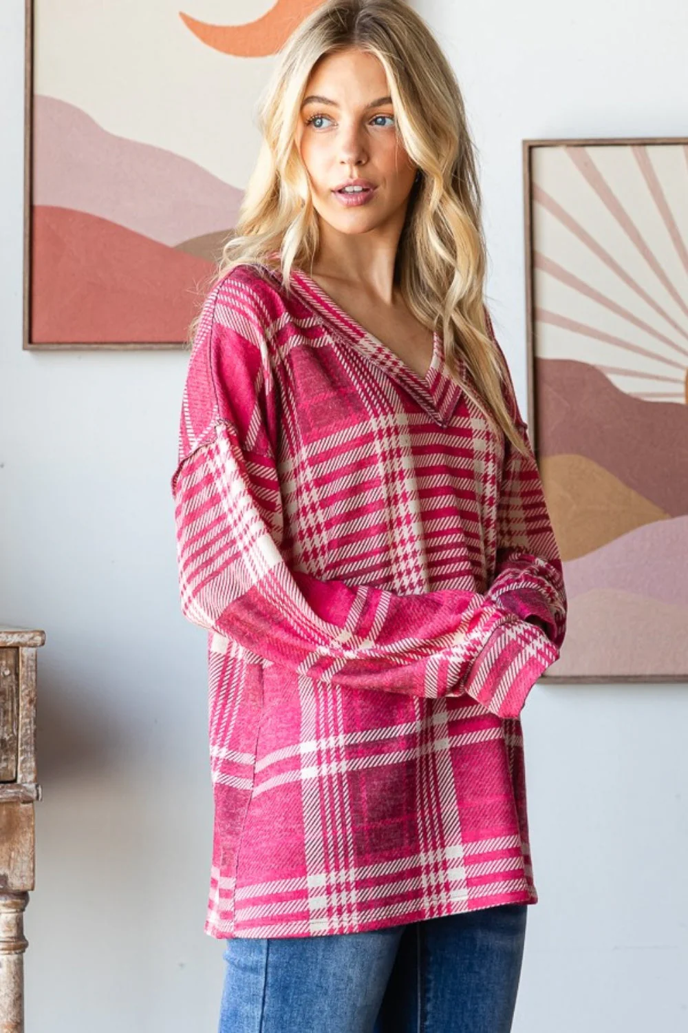 Heimish Plaid Drop Shoulder V-Neck T-Shirt - Image 3