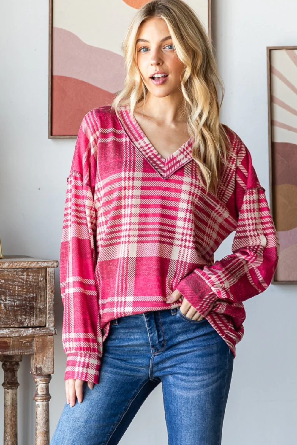 Heimish Plaid Drop Shoulder V-Neck T-Shirt - Image 4