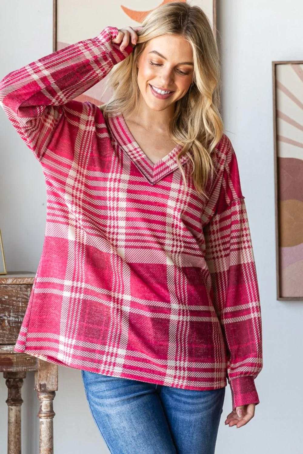 Heimish Plaid Drop Shoulder V-Neck T-Shirt - Image 5