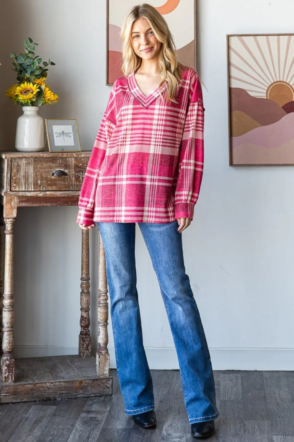 Heimish Plaid Drop Shoulder V-Neck T-Shirt - Image 6