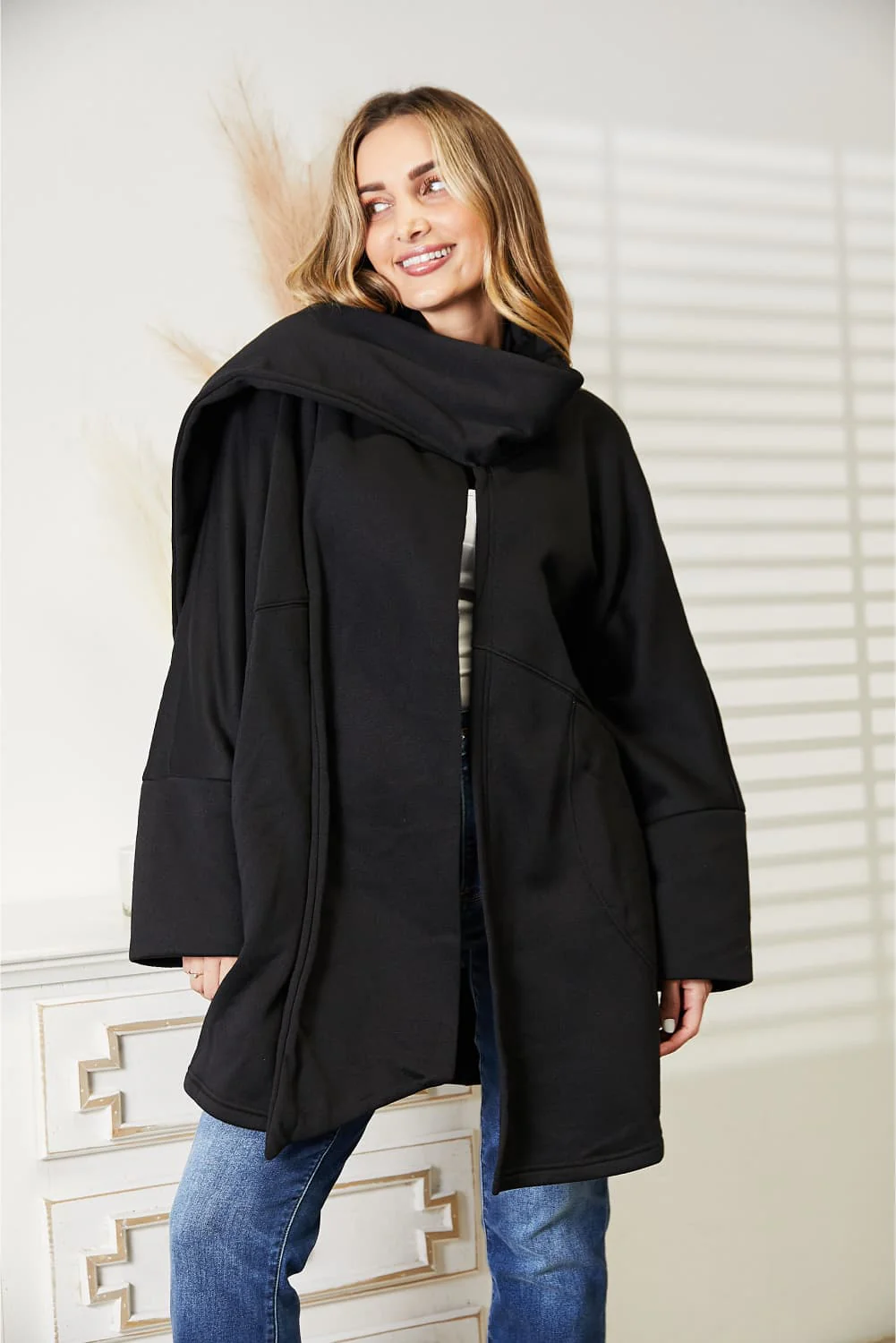 HEYSON Full Size Open Front Cardigan with Scarf Design - Image 5