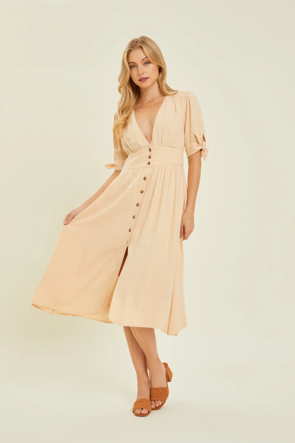 HEYSON Full Size Textured Linen V-Neck Button-Down Midi Dress - Image 3