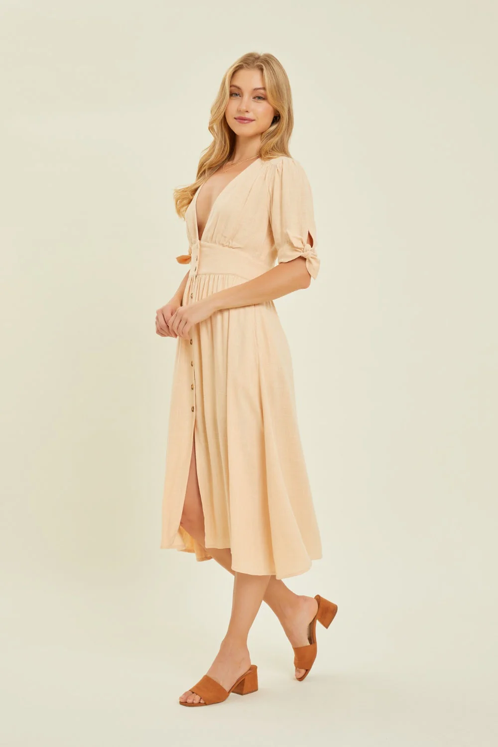 HEYSON Full Size Textured Linen V-Neck Button-Down Midi Dress - Image 4