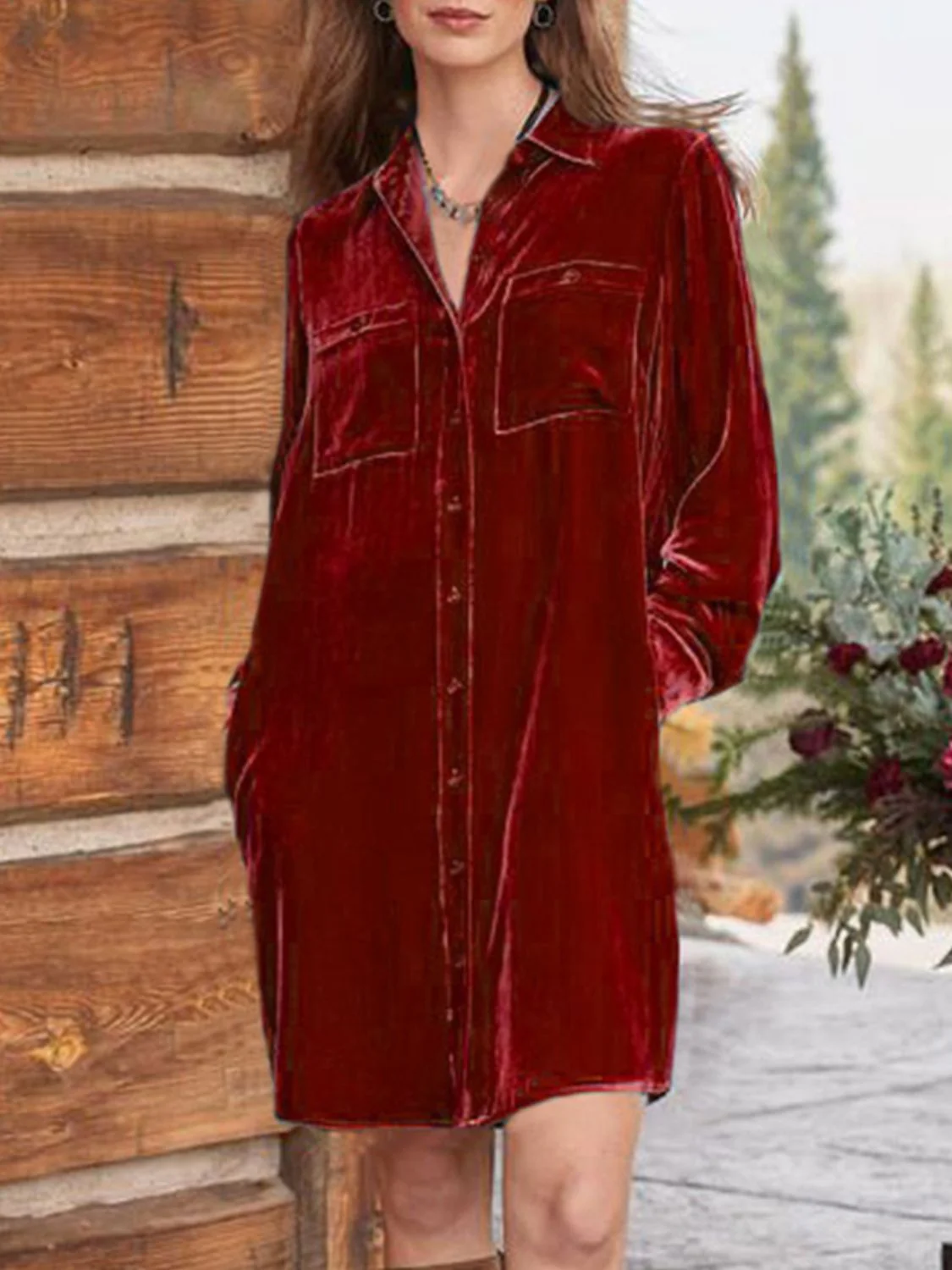 High-Low Button Up Long Sleeve Knee Length Dress - Image 10