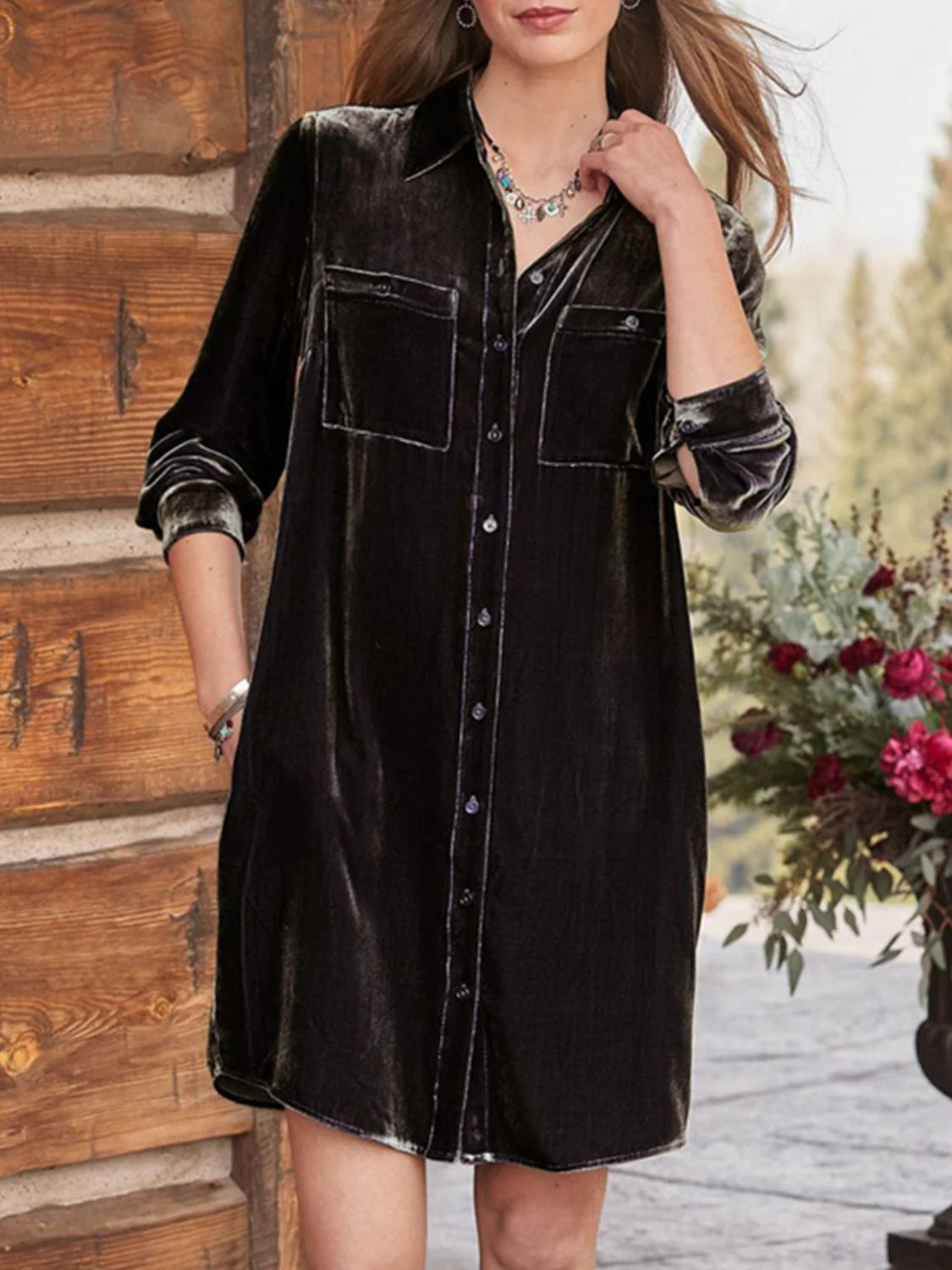 High-Low Button Up Long Sleeve Knee Length Dress - Image 2