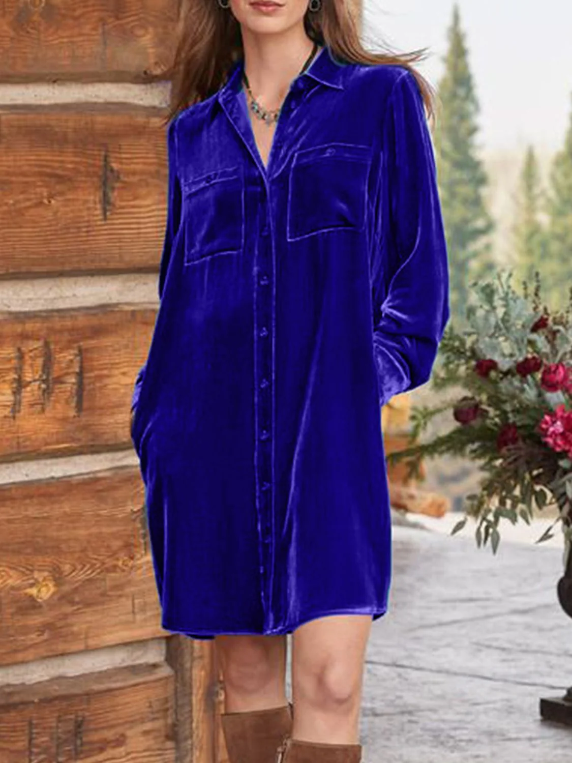 High-Low Button Up Long Sleeve Knee Length Dress - Image 6