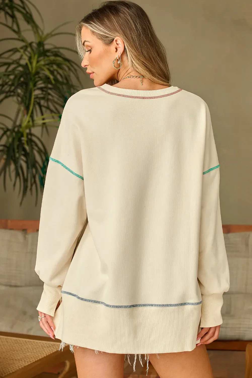 High-Low Contrast Stitching Round Neck Sweatshirt - Image 2