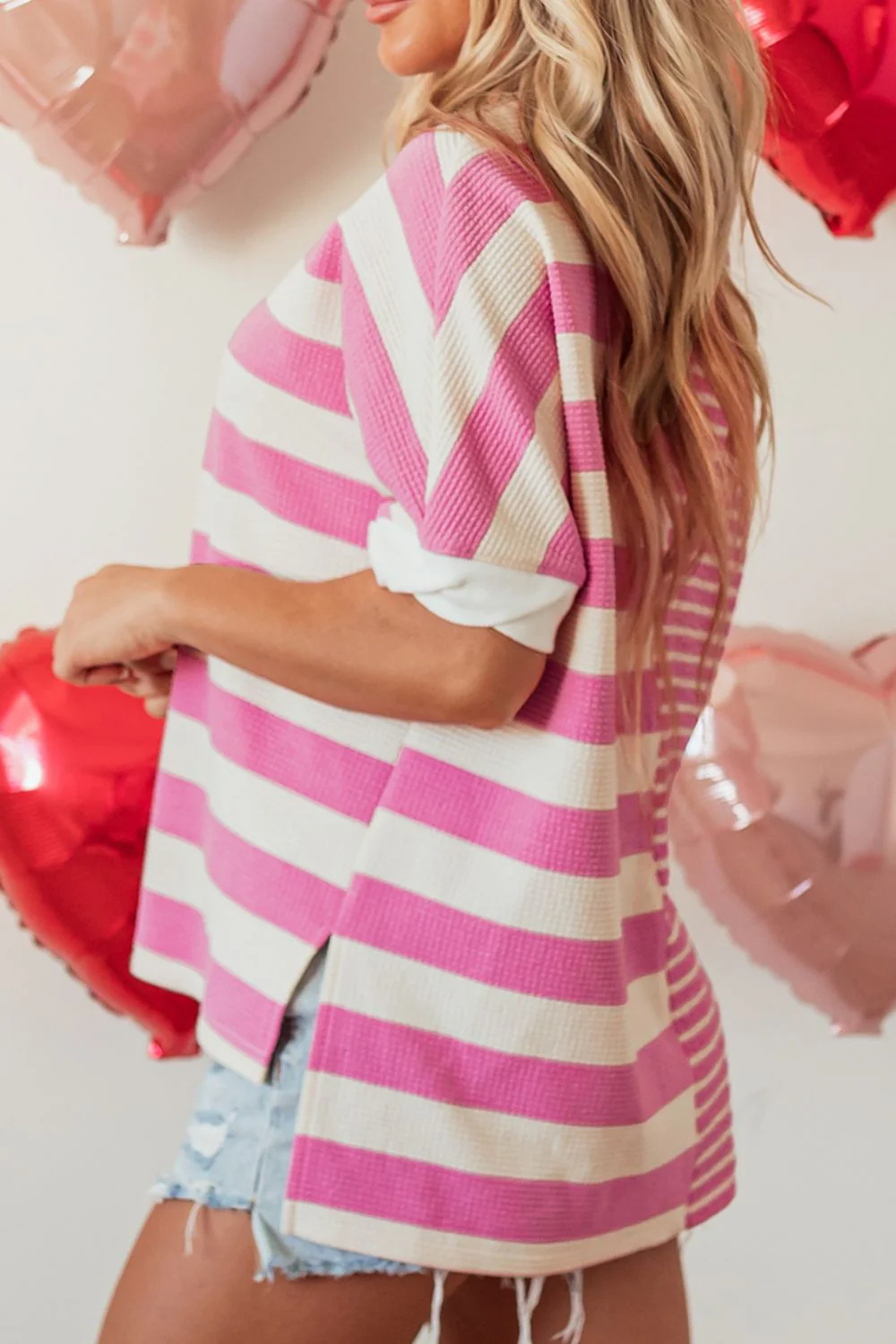 High-Low Striped Round Neck Short Sleeve T-Shirt - Image 2