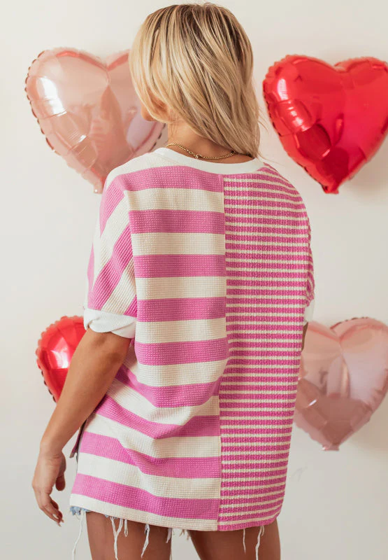 High-Low Striped Round Neck Short Sleeve T-Shirt - Image 4
