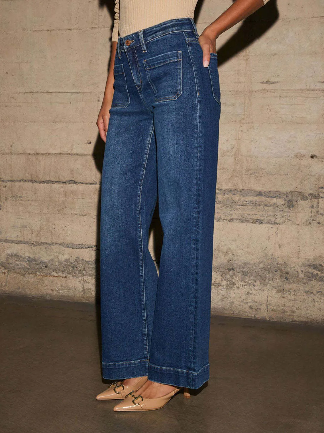 High Rise Front Pocket Patch Wide Leg Jeans - Image 2