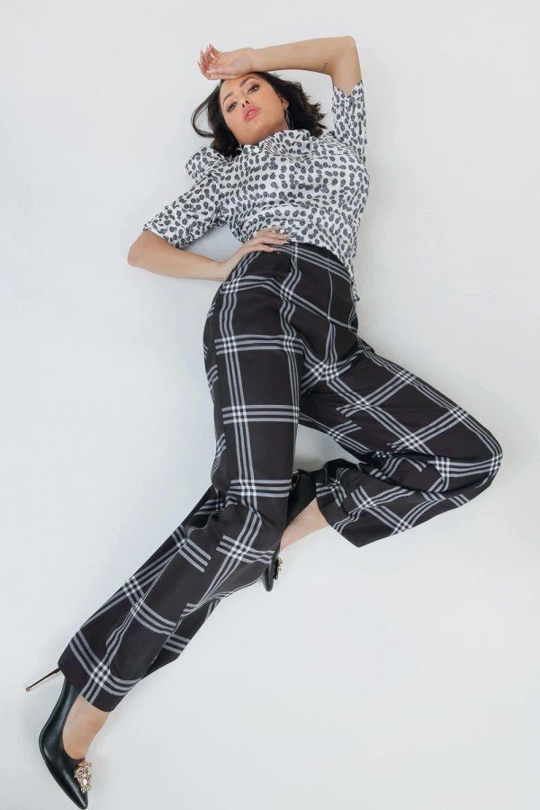 High Waist Plaid Print Wide Leg Pants - Image 2
