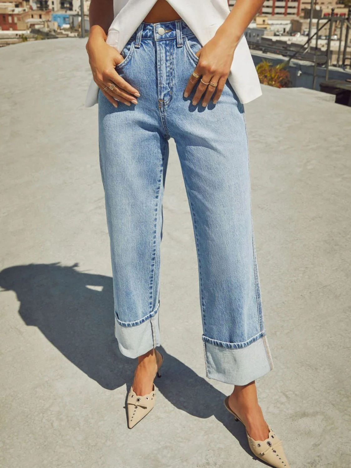 High Waisted Straight Leg Rolled Jeans - Image 14