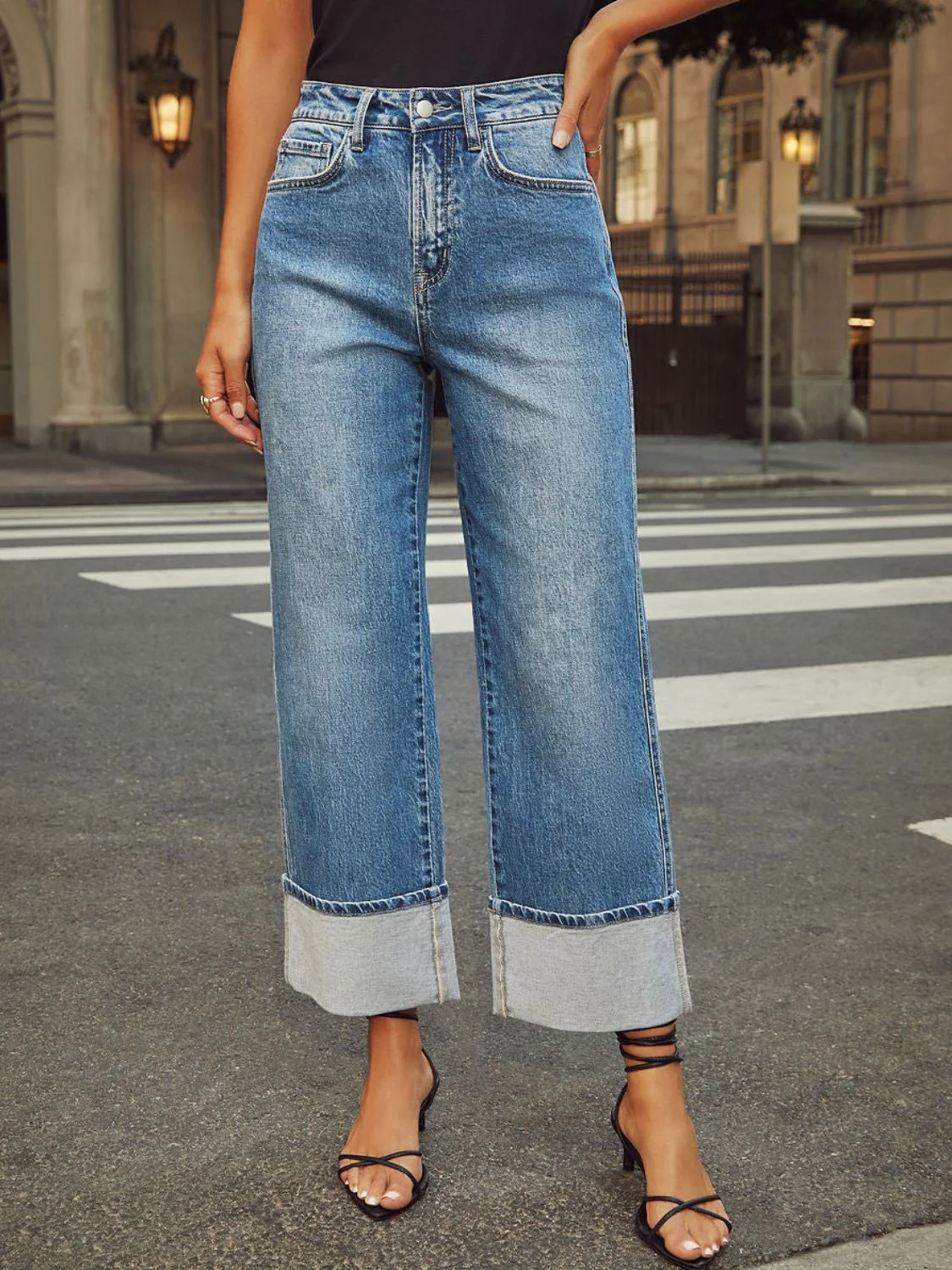 High Waisted Straight Leg Rolled Jeans - Image 4