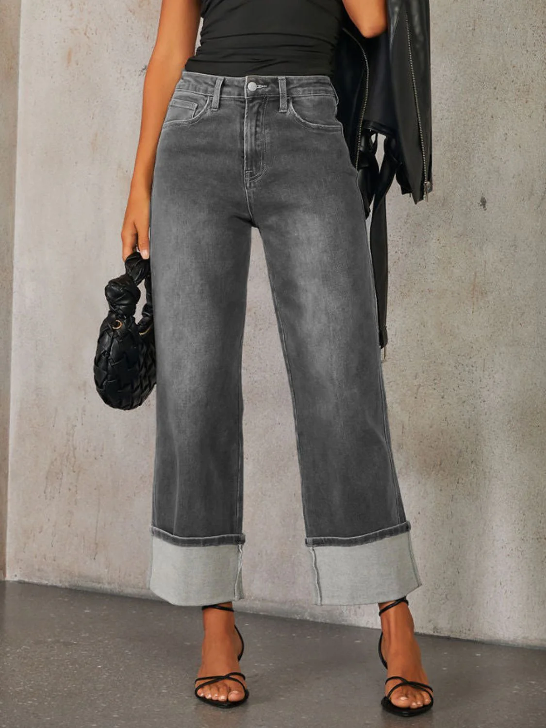 High Waisted Straight Leg Rolled Jeans - Image 7