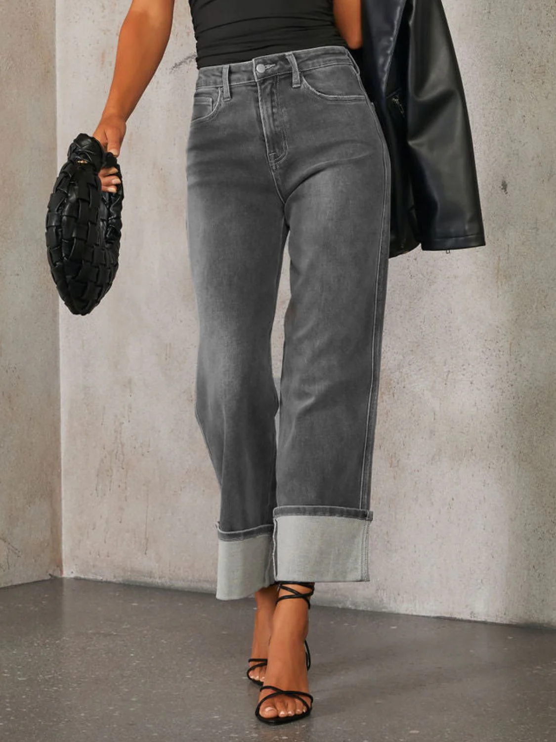 High Waisted Straight Leg Rolled Jeans - Image 8