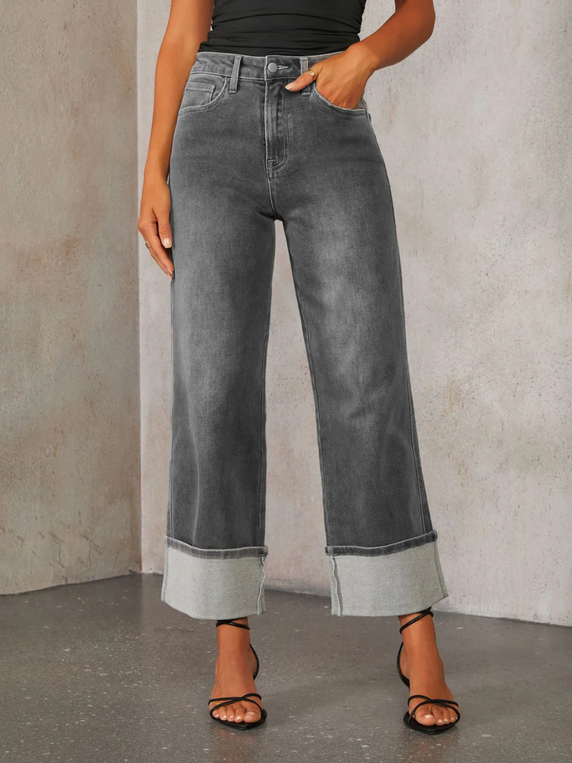 High Waisted Straight Leg Rolled Jeans - Image 9