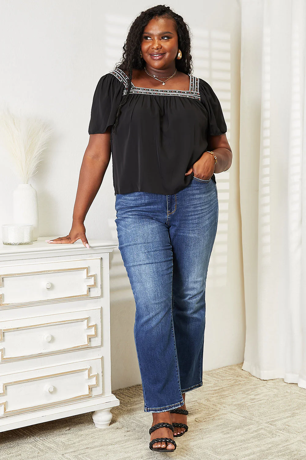 Honey Contrast Square Neck Puff Sleeve Blouse - Image 7