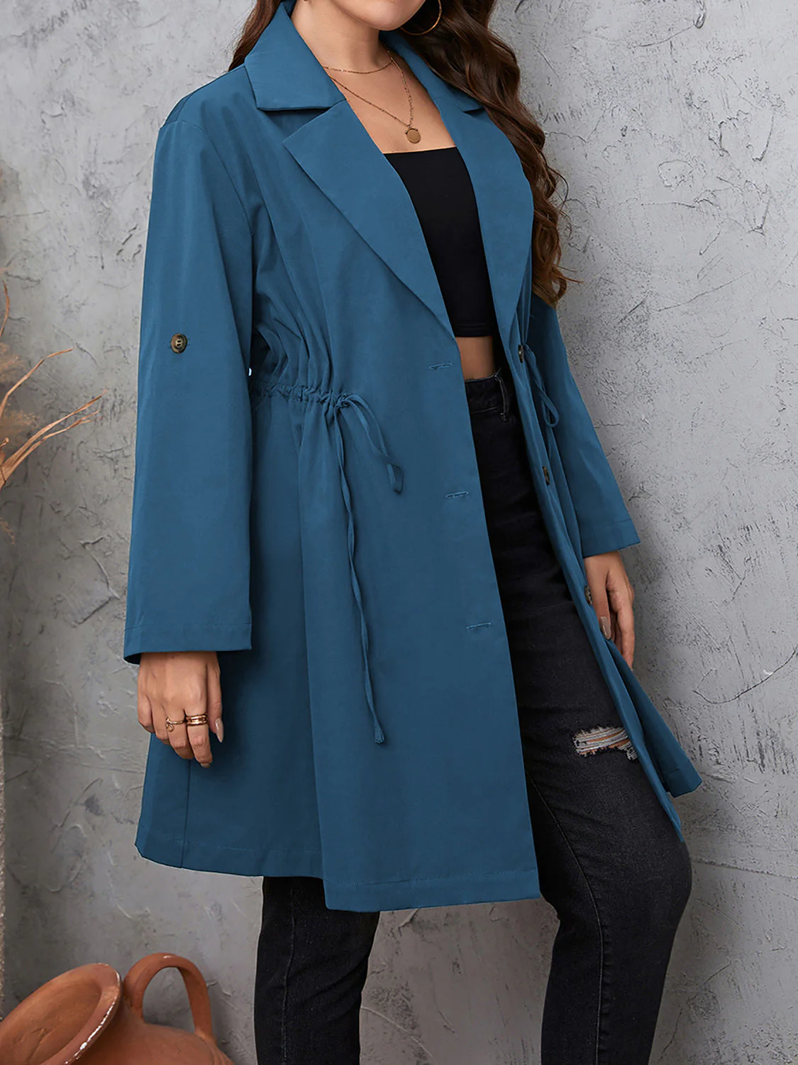 Honey Plus Size Lapel Collar Drawstring Roll-Tab Sleeve Trench Coat - Image 10