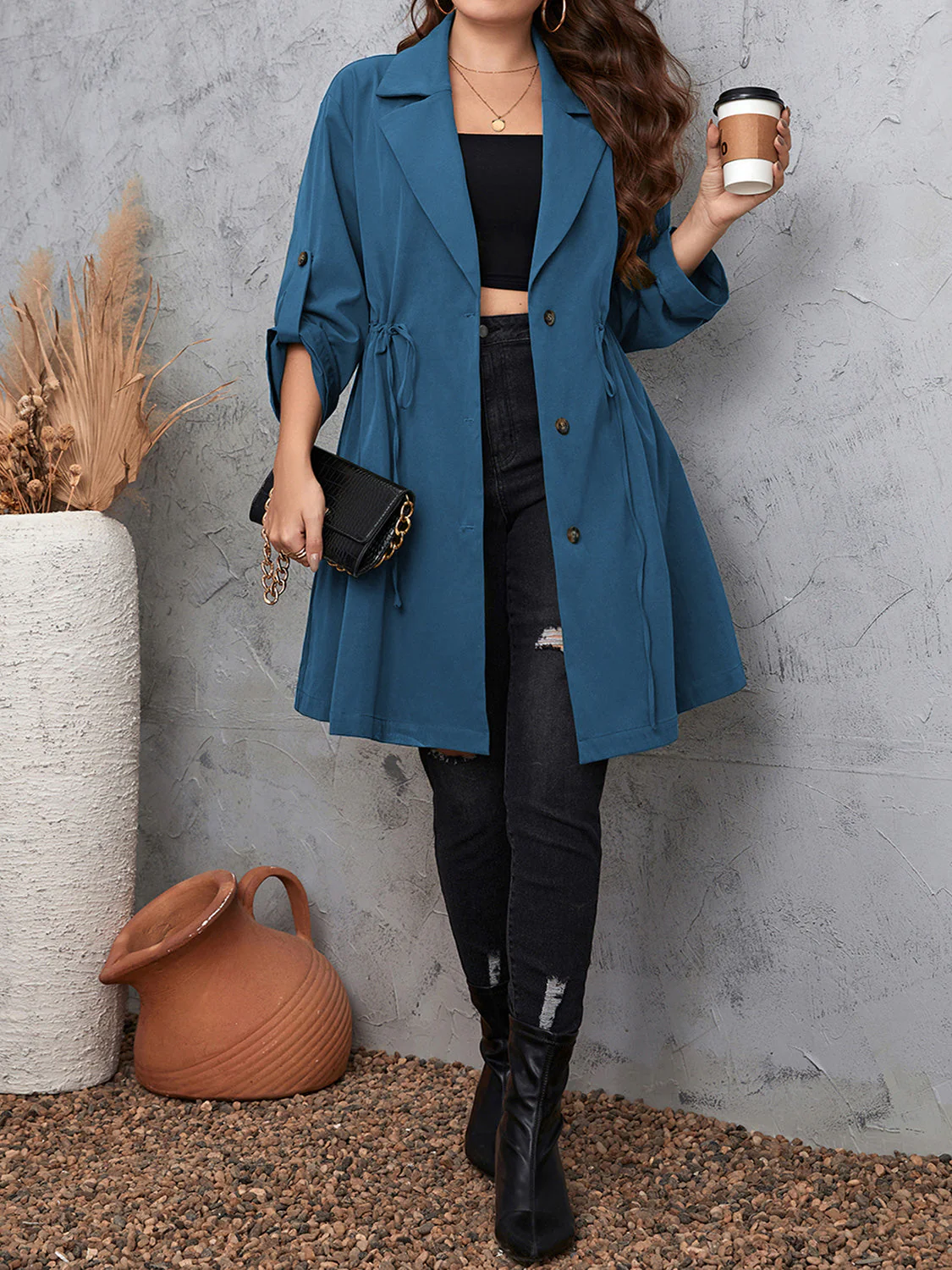 Honey Plus Size Lapel Collar Drawstring Roll-Tab Sleeve Trench Coat - Image 12