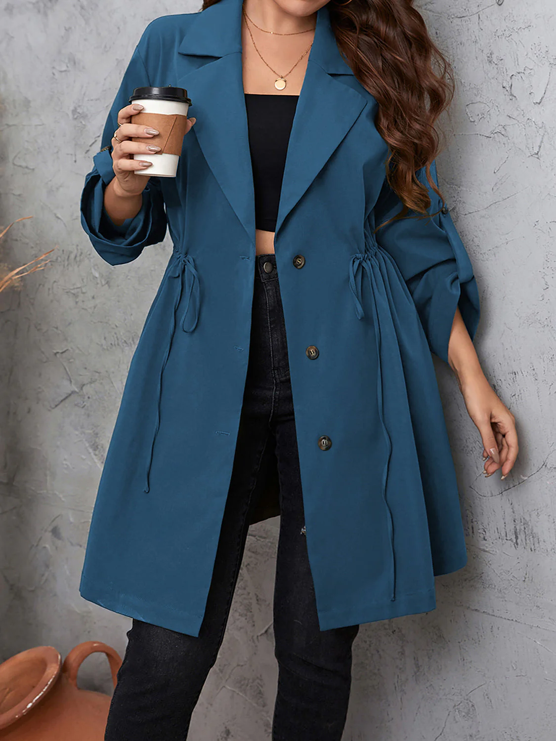 Honey Plus Size Lapel Collar Drawstring Roll-Tab Sleeve Trench Coat - Image 13