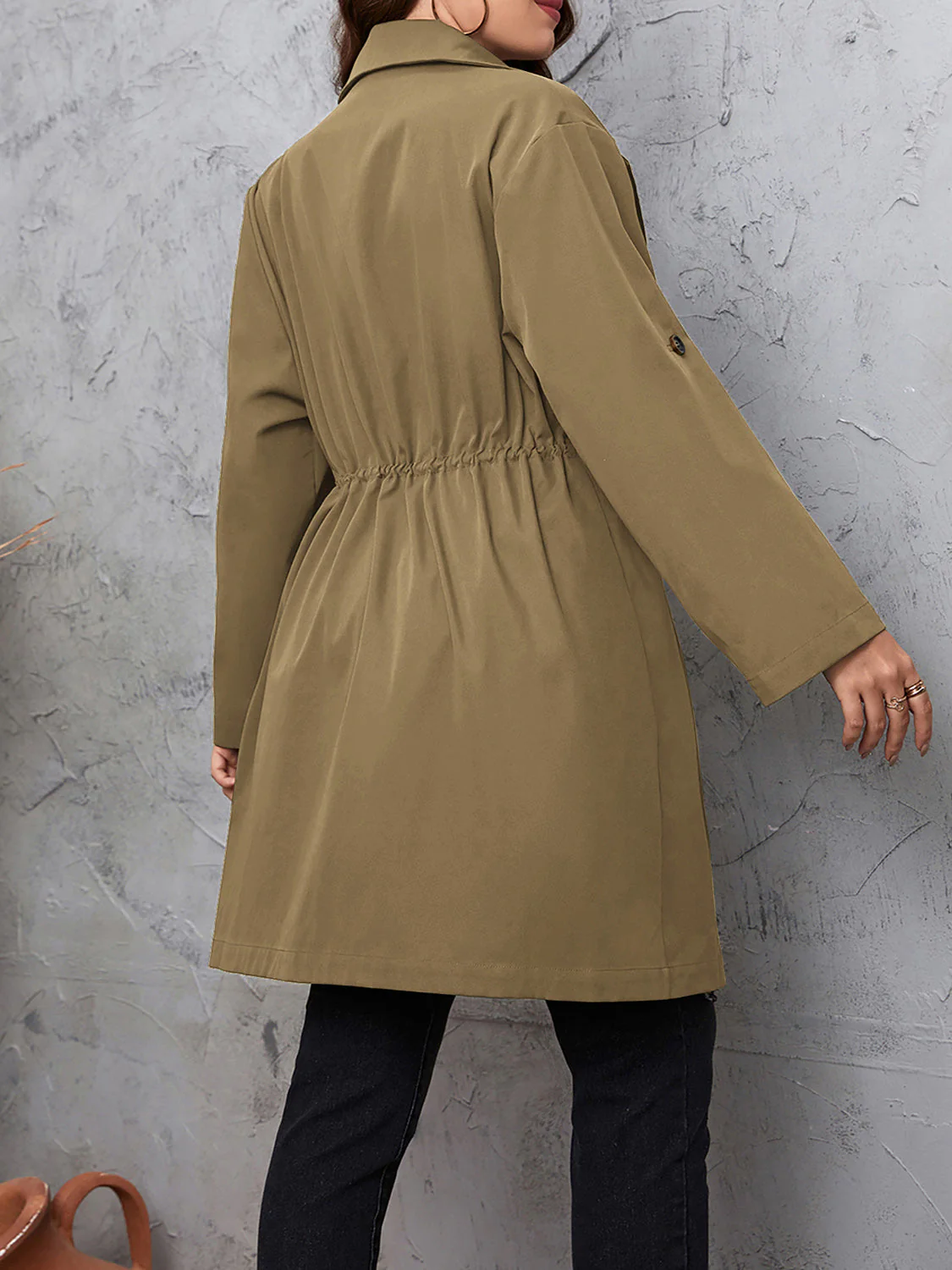 Honey Plus Size Lapel Collar Drawstring Roll-Tab Sleeve Trench Coat - Image 2