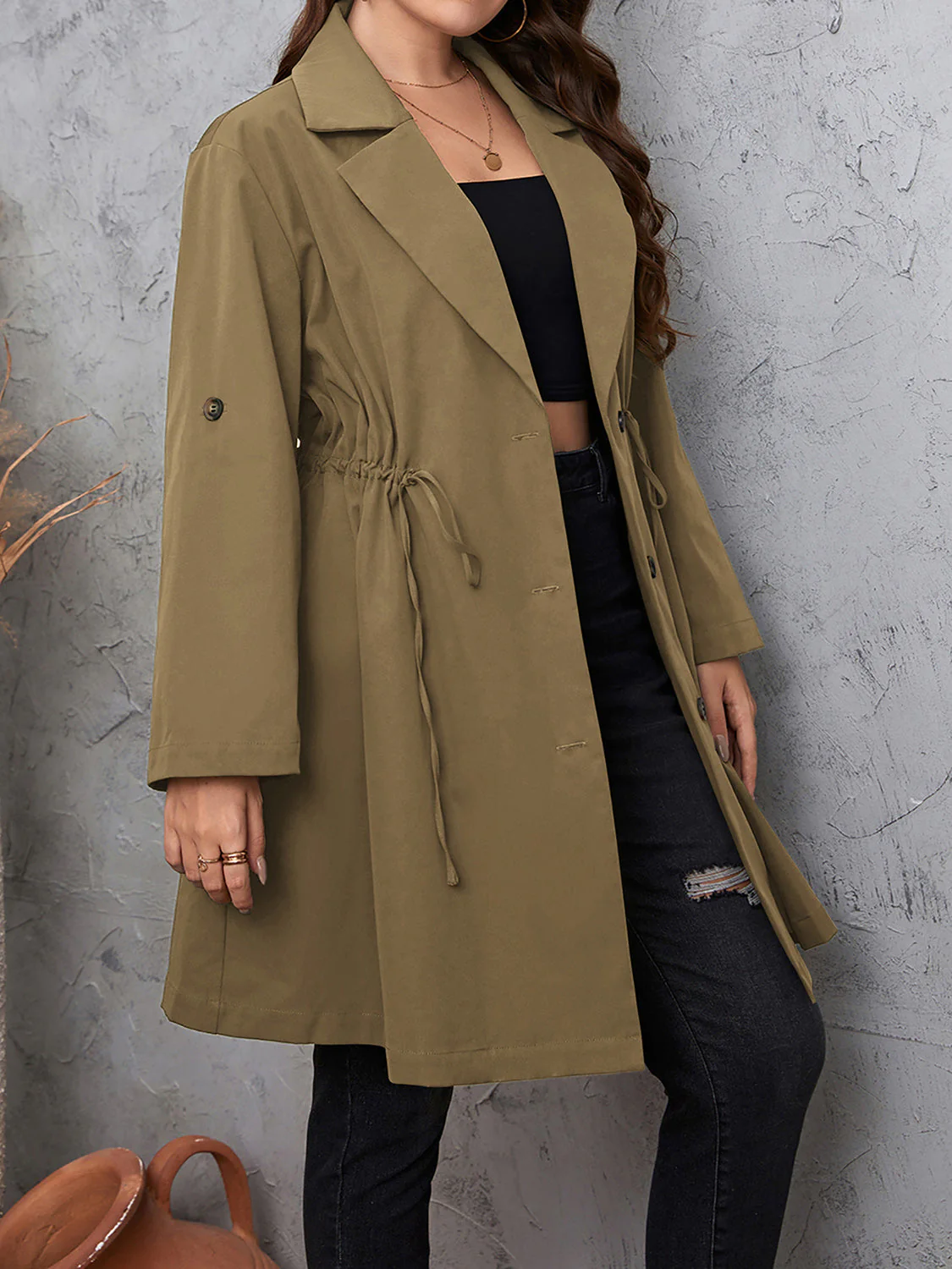 Honey Plus Size Lapel Collar Drawstring Roll-Tab Sleeve Trench Coat - Image 3