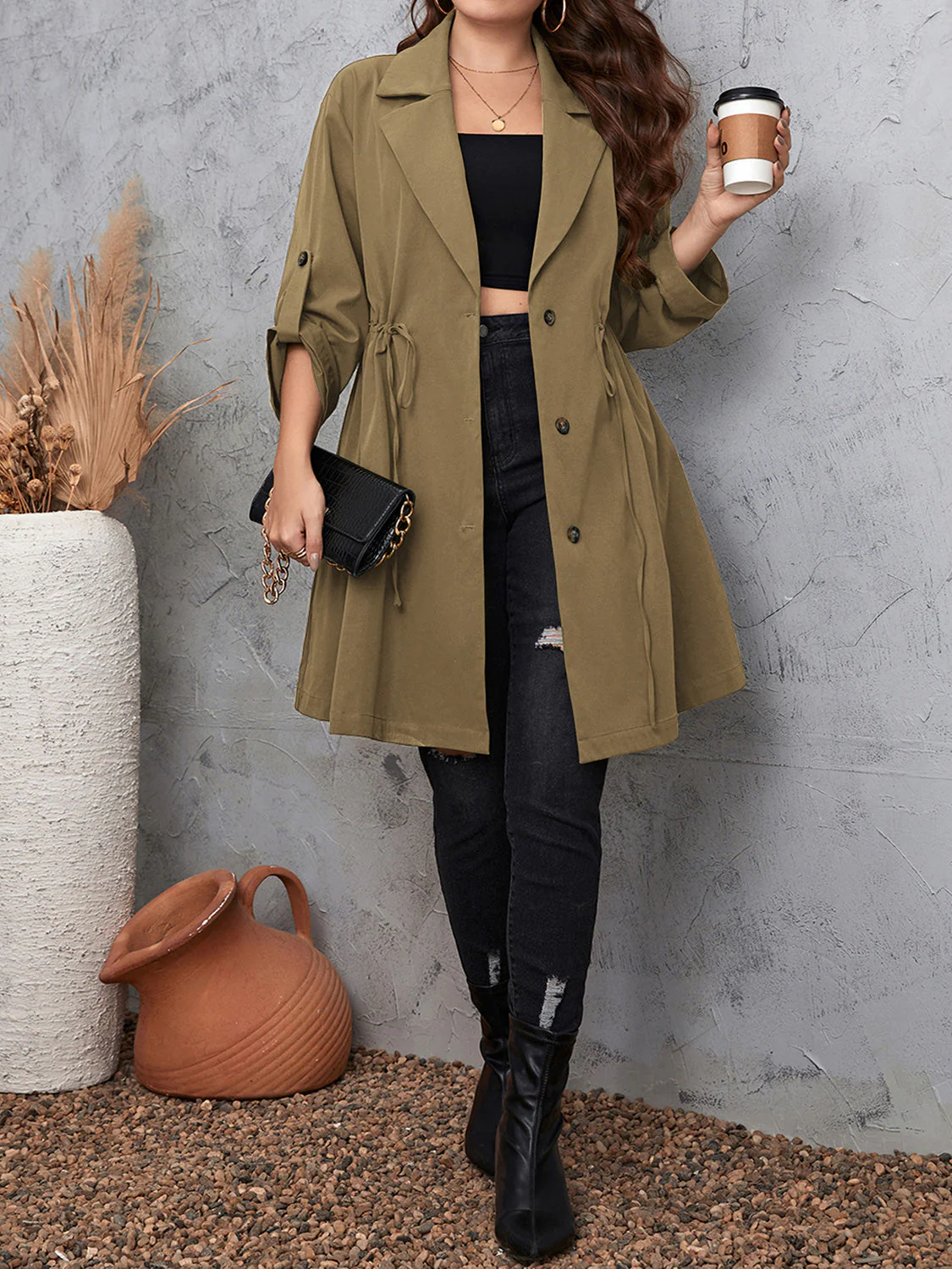 Honey Plus Size Lapel Collar Drawstring Roll-Tab Sleeve Trench Coat - Image 4